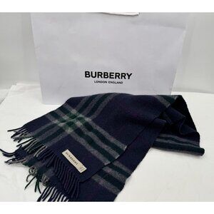 Burberry Dark Blue Plaid Tartan Nova Check Pure Cashmere Scarf Fringe
